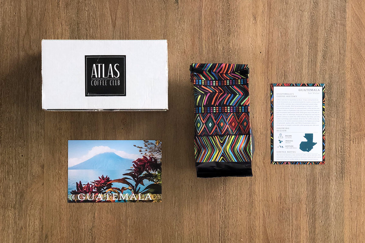 Atlas-style coffee subscription packaging and coffee beans